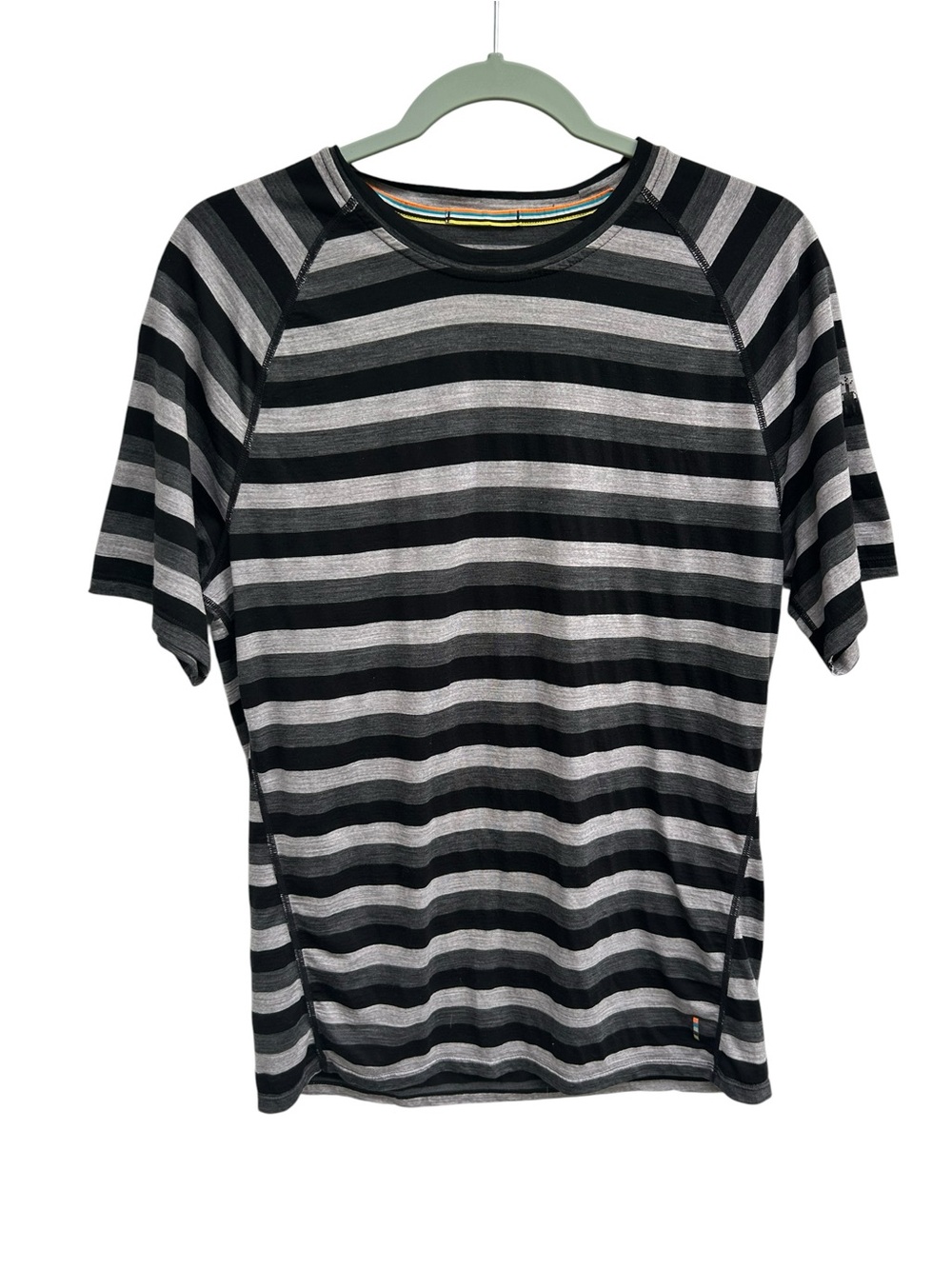 Smartwool Men’s Medium Merino 150 Black Gray Striped Short Sleeve T Shirt